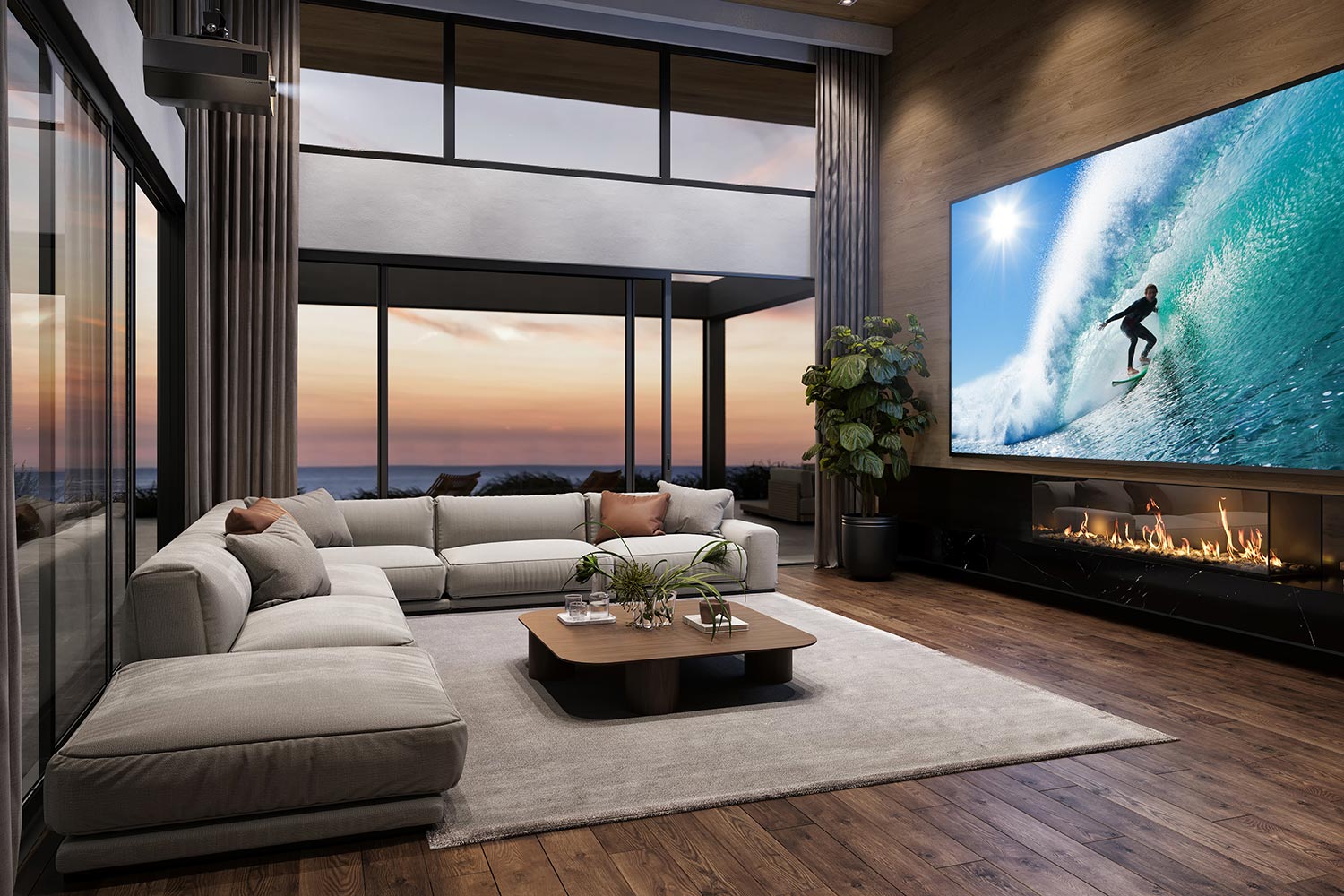 Stylish media room with a projector and a large screen showing a surfer riding a wave