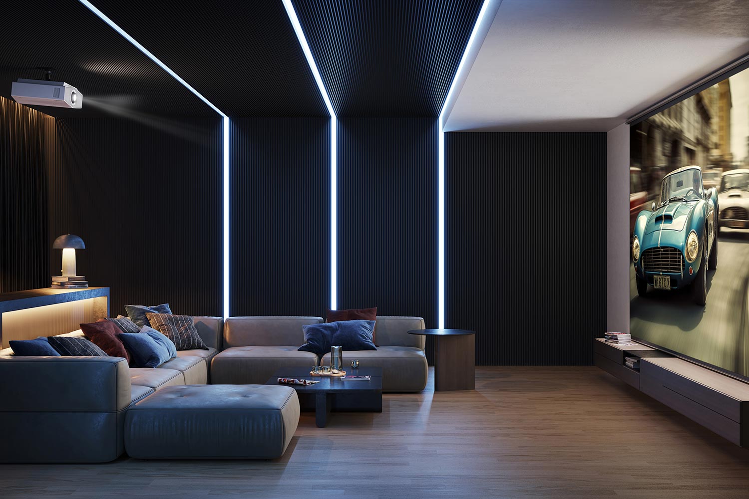 Sleek entertainment room with a projector and a large screen displaying a vintage car race