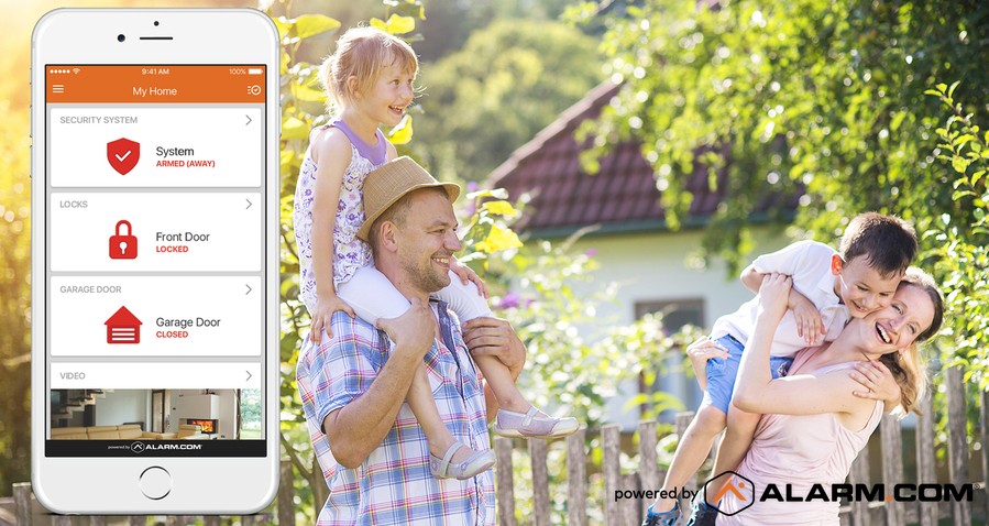 On the left, a smartphone with the Alarm.com app shows system status, locks, and video. On the right, a joyful family plays in the garden.