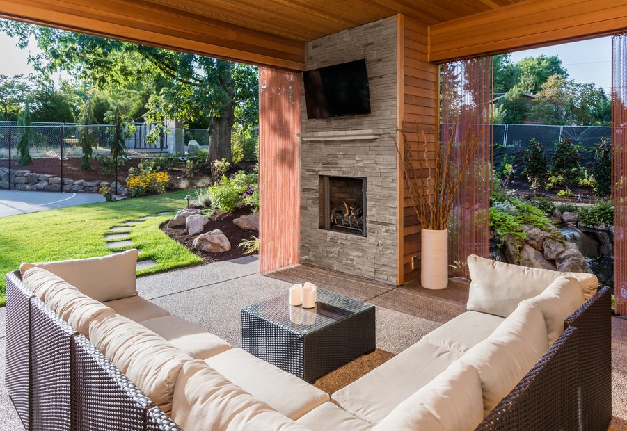 Image is of a modern home patio. 